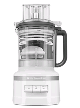 KitchenAid food processor with dicing kit standing on white background empty
