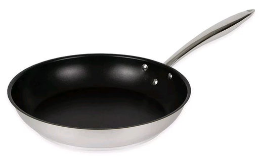 Non stick stainless steel frypan on white background