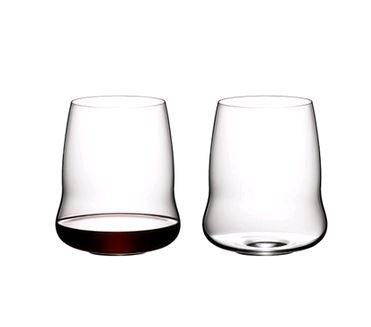 RIEDEL 6789/0 Stemless Wings Cabernet Sauvignon - 2 Pack on white background with one glass full of wine