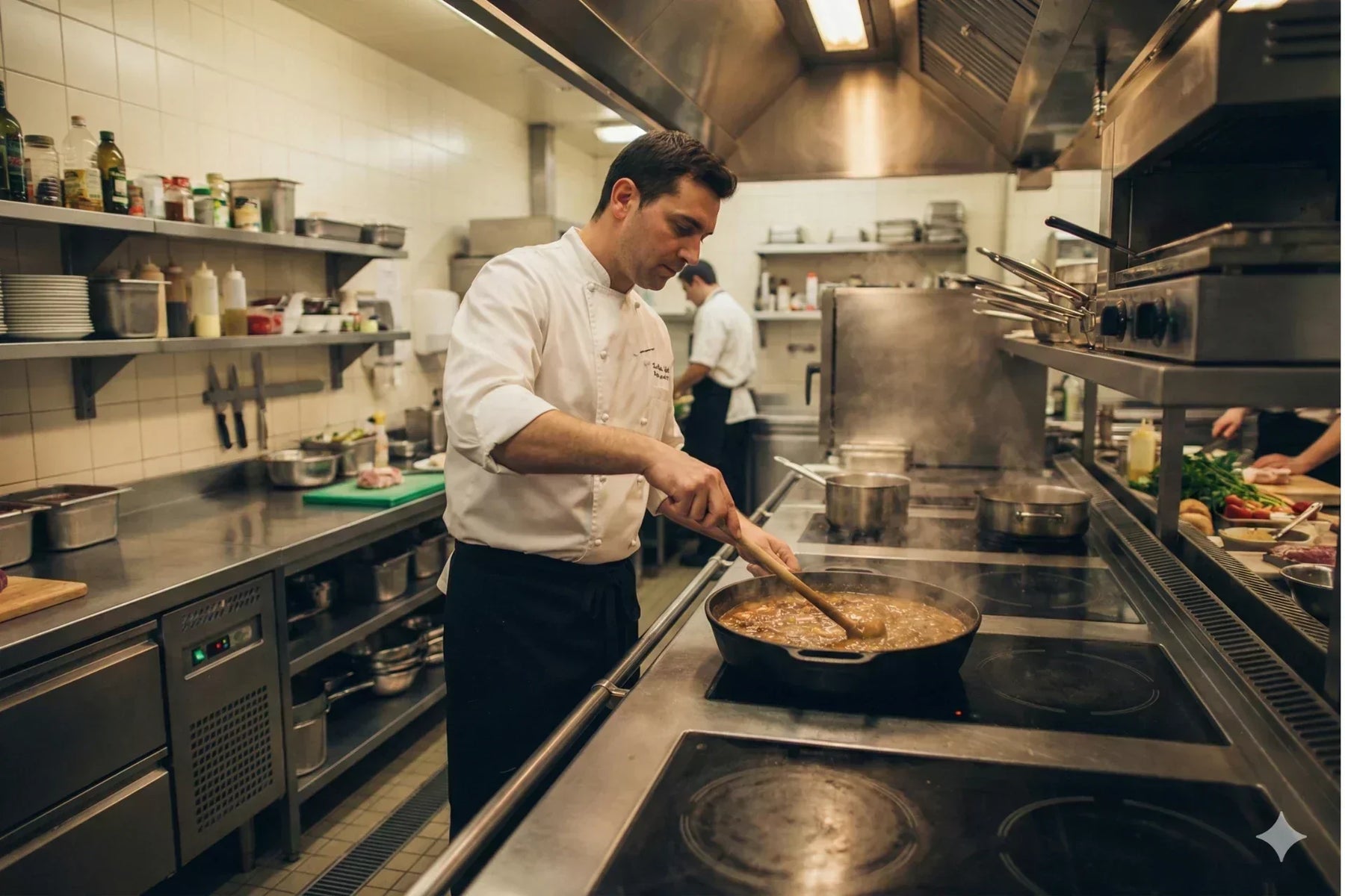 A professional chef in a commercial kitchen stirs a simmering dish in a brazier pan on a stovetop, surrounded by stainless steel counters, cookware, and fresh ingredients