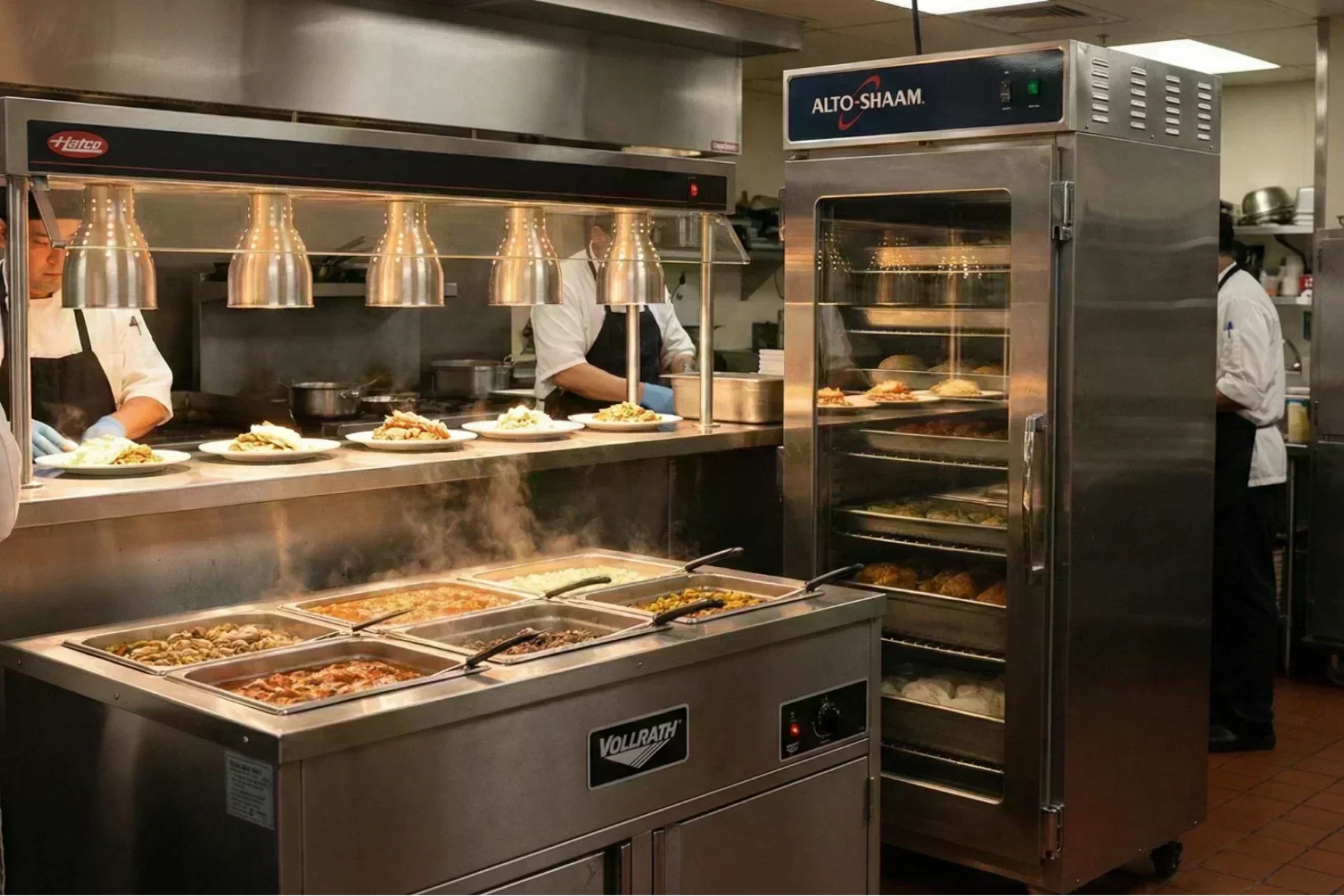 A busy kitchen holding fresh food at the ideal serving temperature 