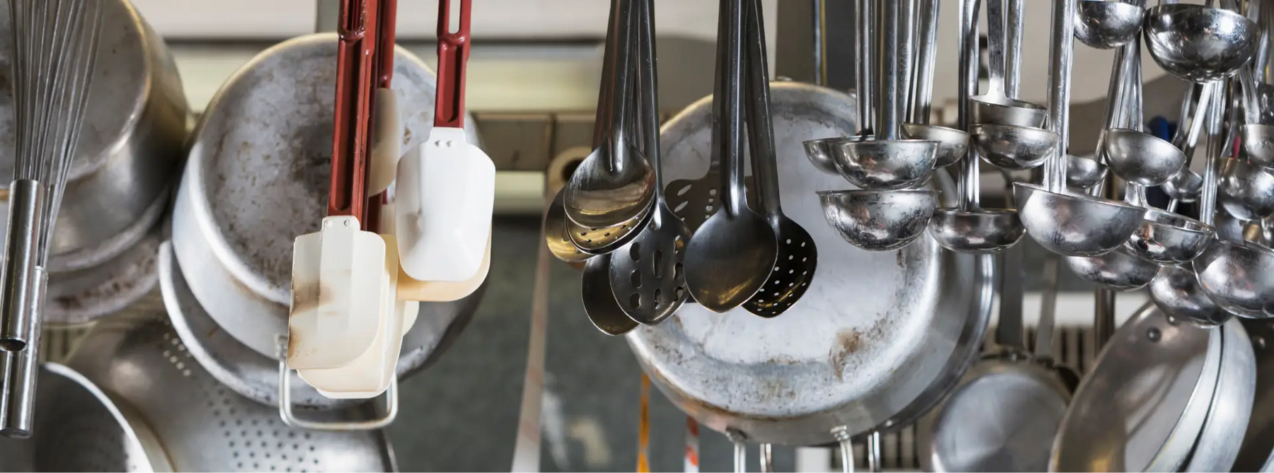 Pots, pans, ladles, and other school kitchen equipment