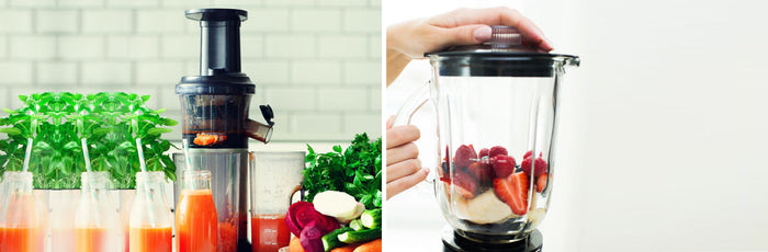 A side-by-side collage of a juicer and a blender