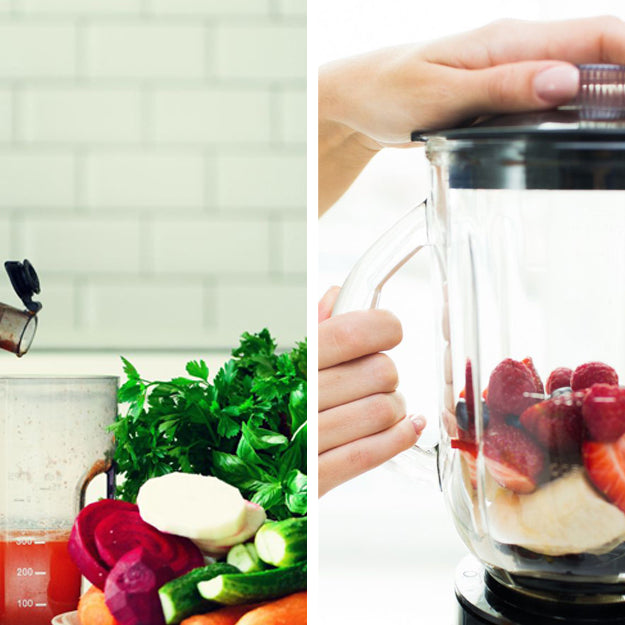 A side-by-side collage of a juicer and a blender