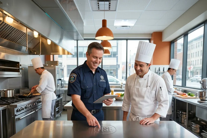 A health inspector in a navy uniform stands in a commercial kitchen with a chef in a white uniform and tall hat