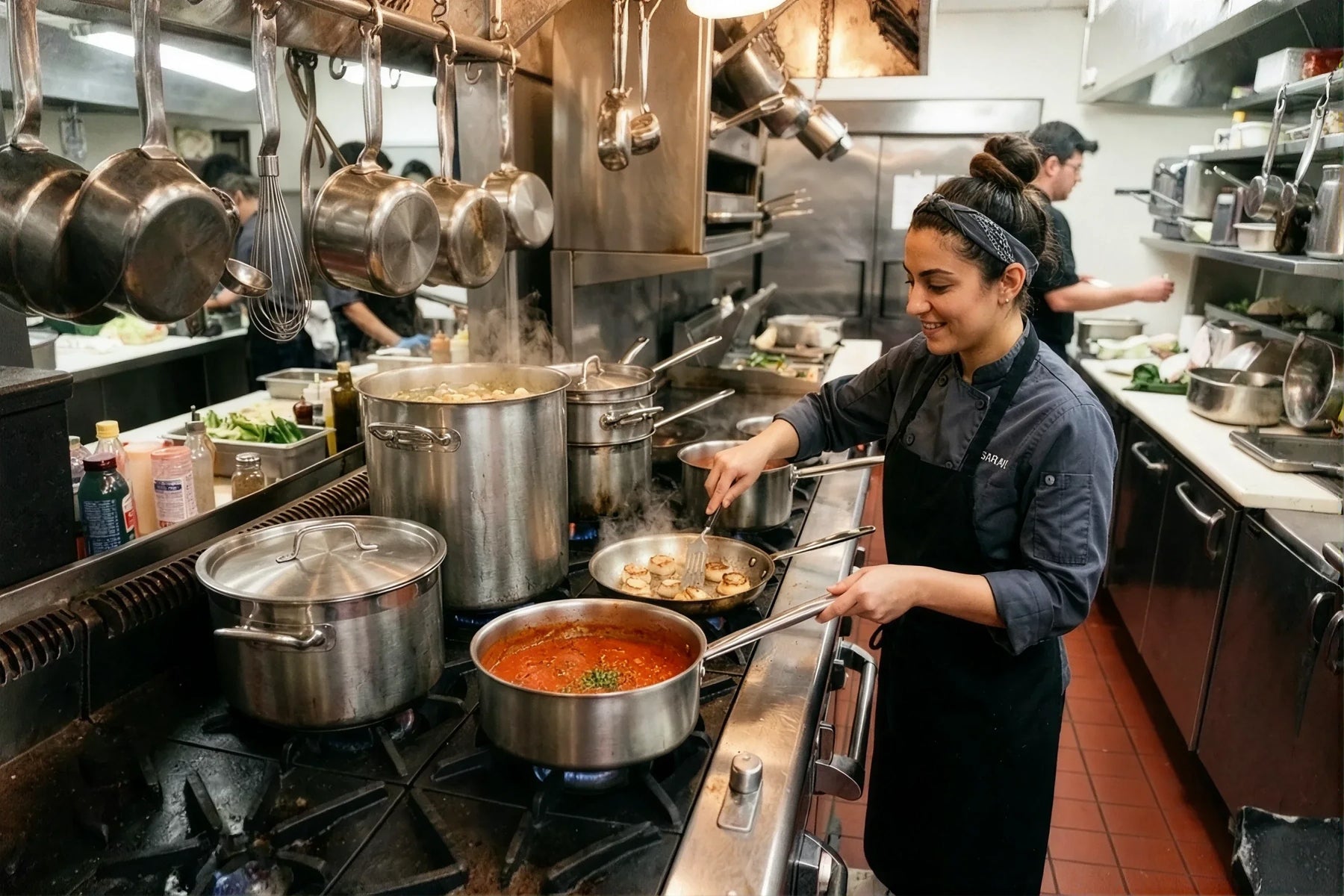 person cooking with stainless steel pots and pans