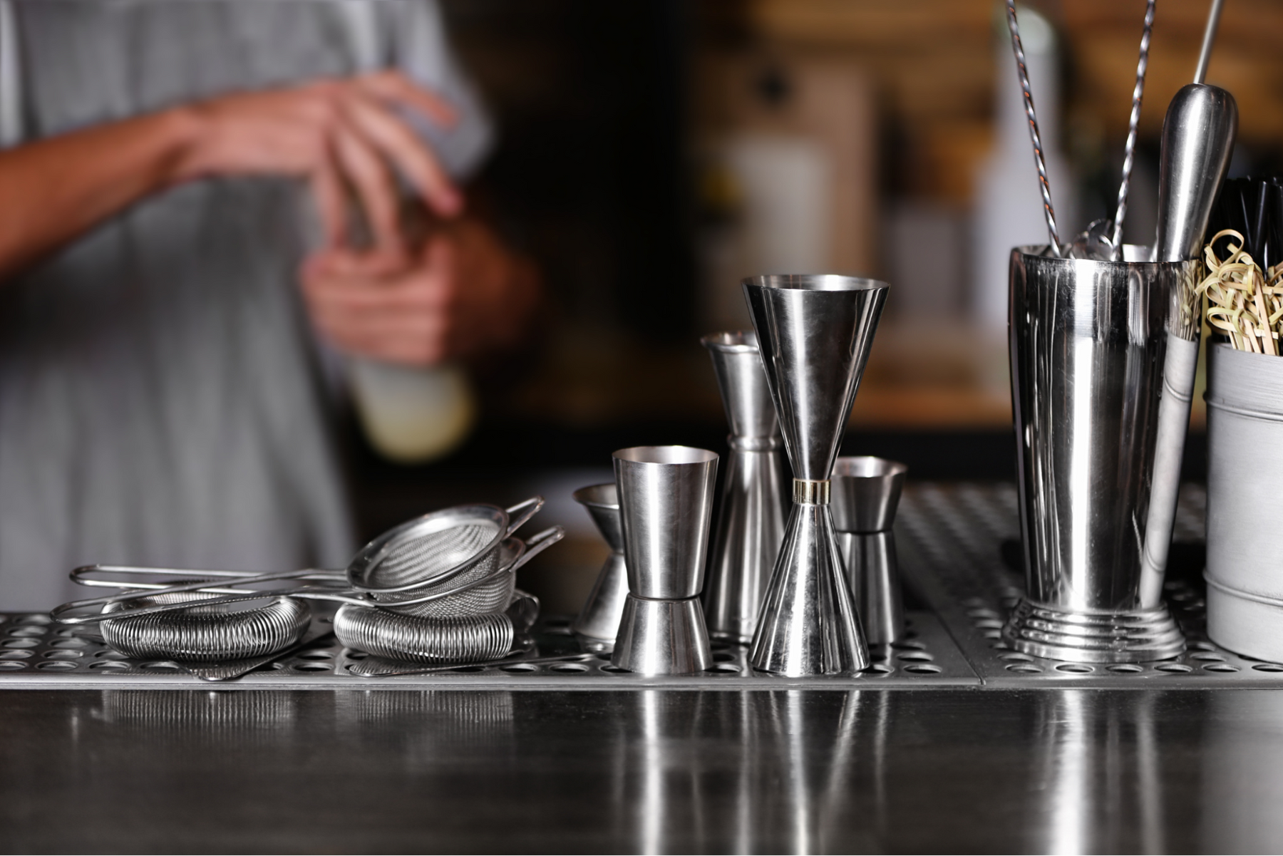 An assortment of essential bar equipment