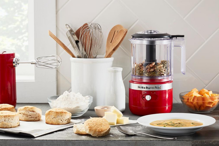 A KitchenAid food mixer on a kitchen counter