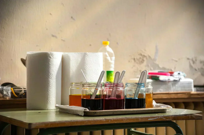 A table holds vials of dyes and paper towels.