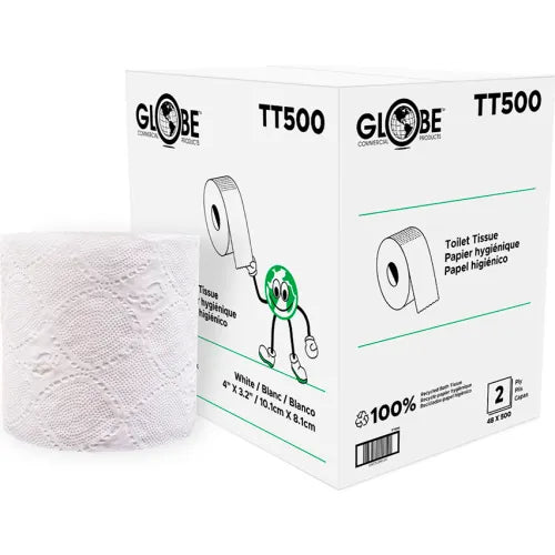 Globe Commercial - Standard Toilet Tissue, 2-Ply, White, 500 Sheets/Roll, TT500 - (Case of 48)