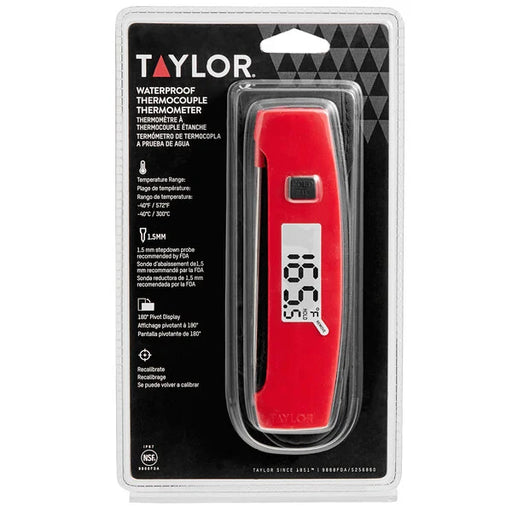Taylor 5256860 4 3/8" Red Waterproof Digital Folding Thermocouple Thermometer with Rotating Display and Backlight