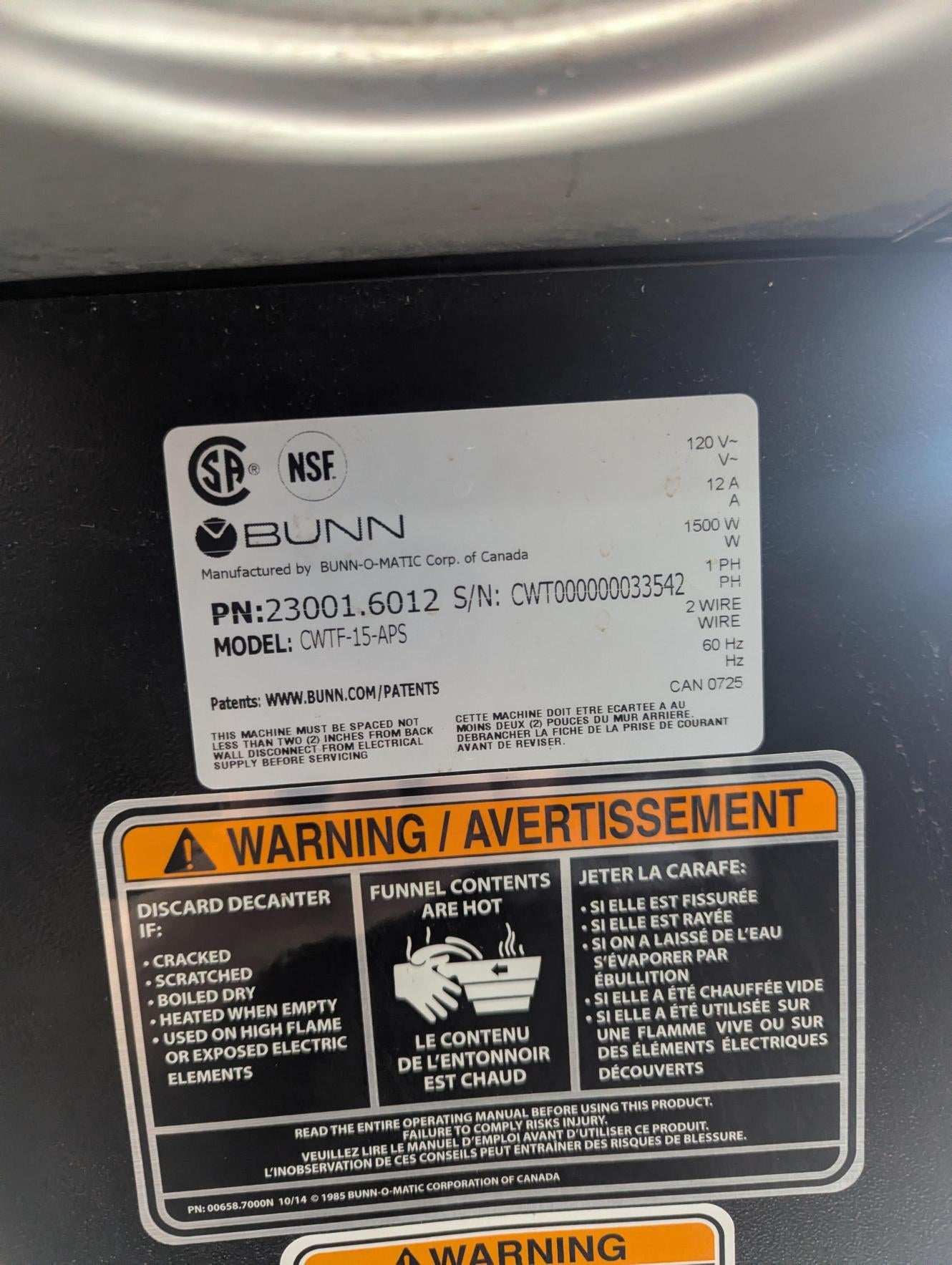 Bunn Used 120V Coffee Maker – 23001.6012 CWTF15-APS 1/1EA*