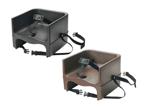 Two Booster seats, 1 dark brown, 1 medium browne. Both with straps on white background