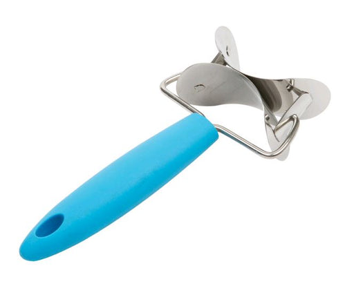 Stainless Circle cutter with blue silicone handle against white background
