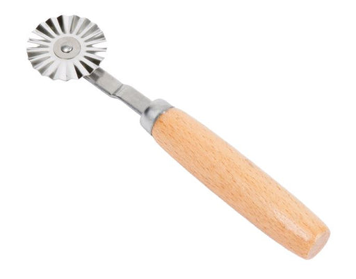 3-3-8" pastry cutter with fluted wheel and wood handle against white background