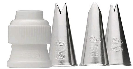 4 peice "leaf" tube stainless decorating set against white background