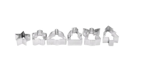 Stainless 6 piece Christmas cookie cutter set against white background