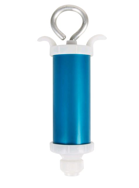 Blue decorating syringe with metal handle against white background