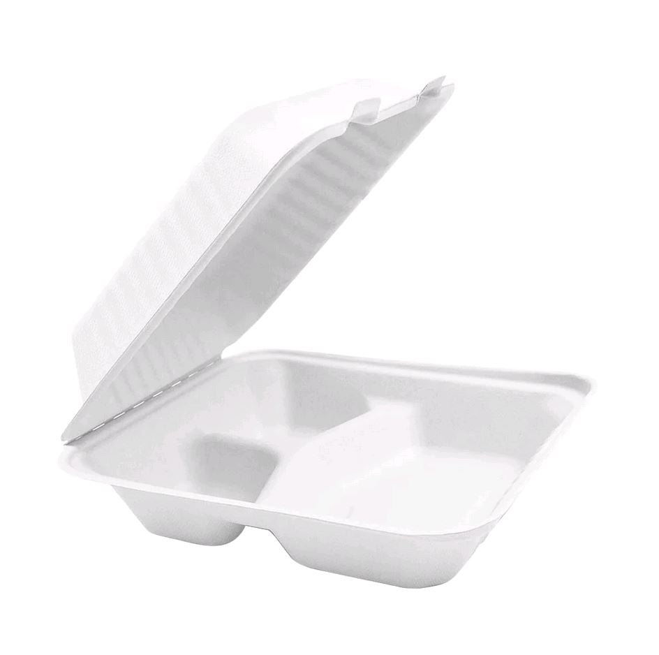 Globe Commercial 9" x 9" 3 Compartment Compostable Clamshell 6012