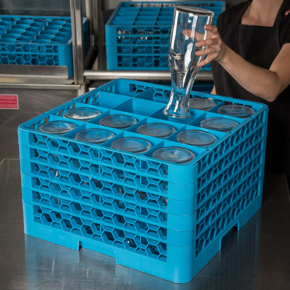 Carlisle OptiClean™ 16-Compartment Divided Glass Rack with 5 Extenders 11.9" - Carlisle Blue, RG16-514*