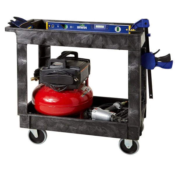 Rubbermaid Small Lipped Two Shelf Utility Cart FG9T6600BLA on white background