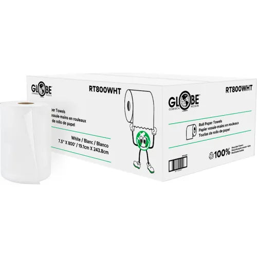 Globe Commercial - Roll Paper Towel, 1-Ply, 7-1/4" x 800', White, RT800WHT - (Case of 6)