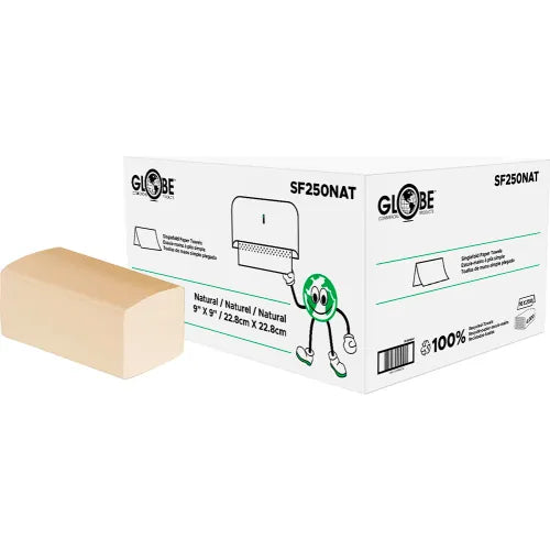 Globe Commercial - Single Paper Towel, 1-Ply, 9"x9", Kraft, 250 Sheets/Pk SF250NAT - (Case of 16)