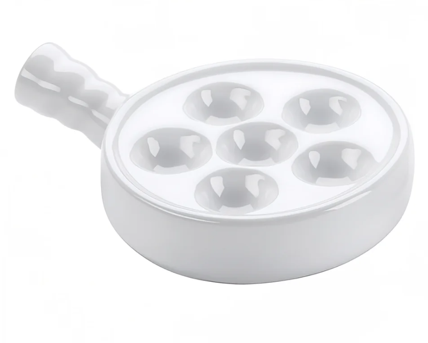 Browne -  Escargot Plate, 5 1/4" w/ Handle, 6 Holes, White, 744042 - 1/1EA
