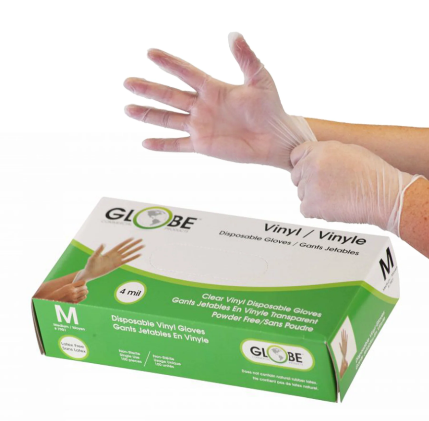 Globe Commercial 4 Mil Vinyl Gloves Medium Size Clear Powder Free 7901 - (Pack of 100)