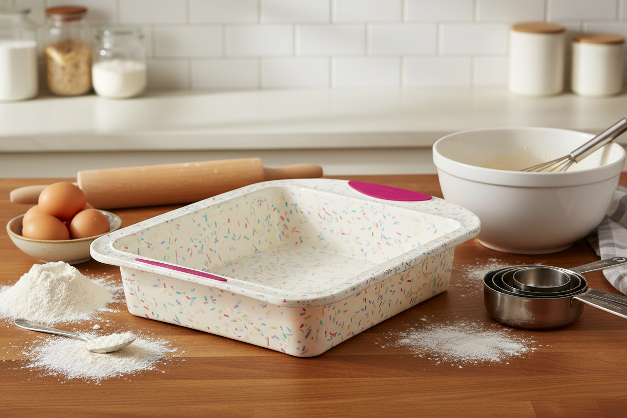 Trudeau Confetti Square Silicone Cake Pan, 8x8in on white background