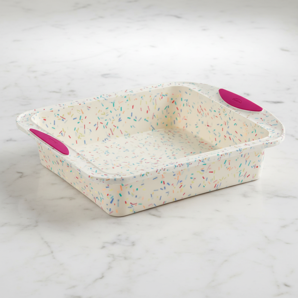 Trudeau Confetti Square Silicone Cake Pan, 8x8in on white background