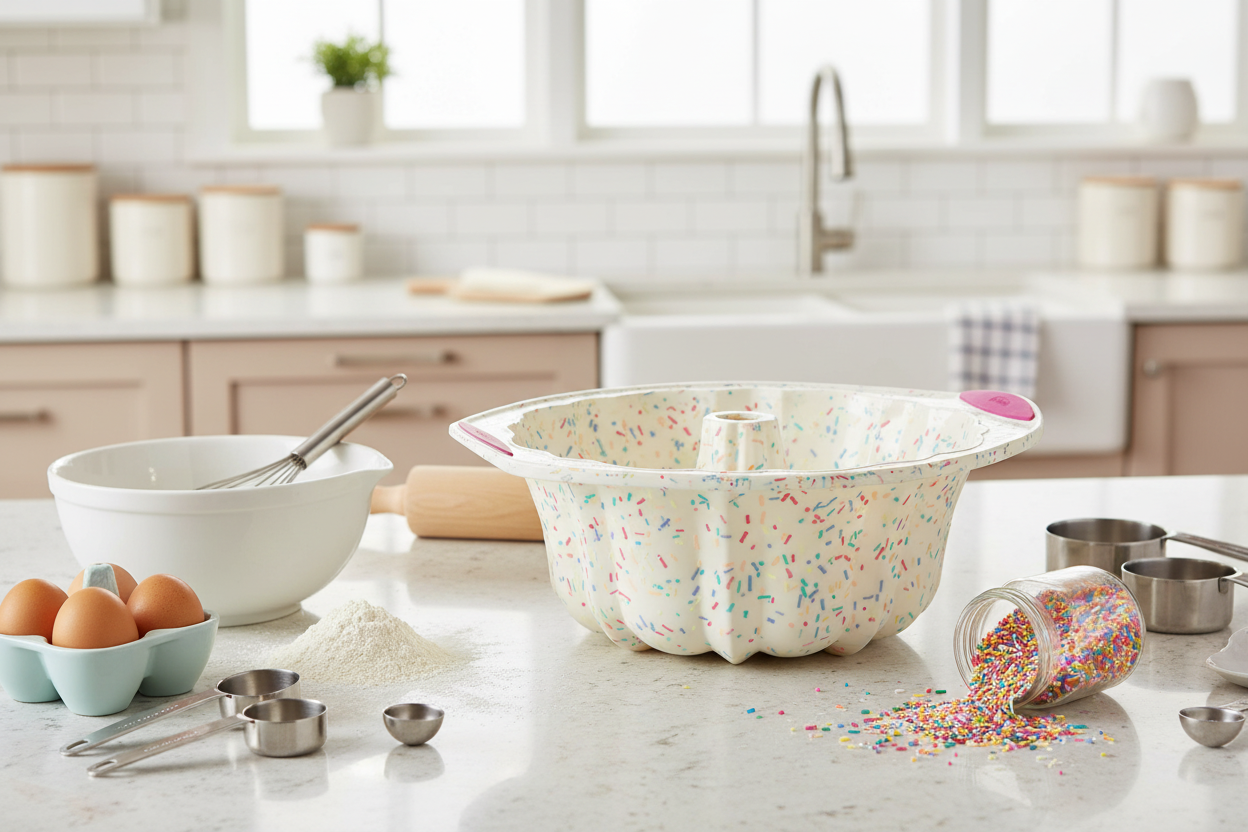 Trudeau Confetti Structured Silicone Fluted Cake Pan on white background