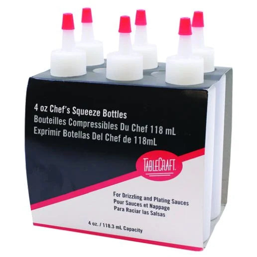 Tablecraft 4 oz. Clear Chef Squeeze Bottle 6 Pack with Red Caps C1104