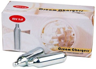 Browne 574357 N2O Cream Chargers two infront of box on white background