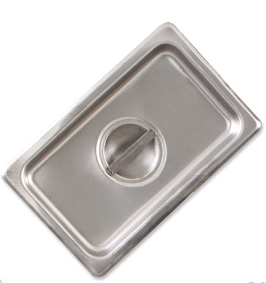 Browne CP2224L Lid Solid 1/2 Long Stainless Steel on white background facing up
