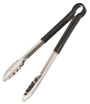 Browne® 5511BK 9" Black Handled Tongs on white background