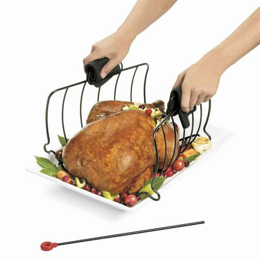 Browne® 746780 Collapsible Roast Rack holding a turkey on white background