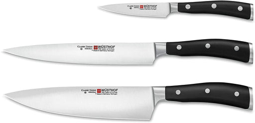 Wusthof Classic Ikon 3pc Knife Set 9601 together on white background