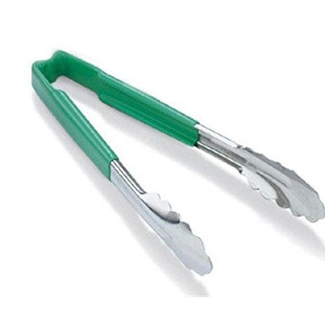 Vollrath Jacob's Pride® 9 1/2" Stainless Steel Scalloped Tongs with Green Coated Kool-Touch® Handle 4780970 1/1EA