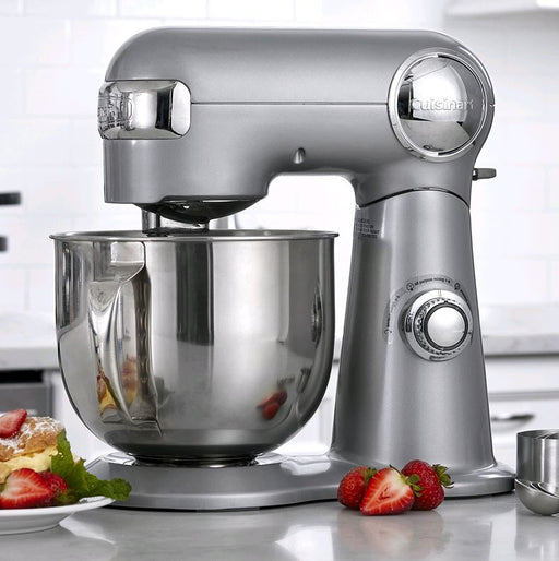 Cuisinart SM-50BCC Stand Mixer 5.5QT Silver on table surrounded by cut strawberries