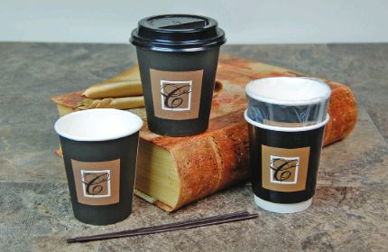 Disposable Individually Wrapped Villa Hot Paper 10oz Cups GL10WHC three on table with book
