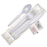 PLC White Wrapped Plastic Plastic Fork, Knife, Teaspoon, Napkin, and Salt / Pepper Packets Kit - 250/Case