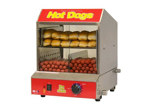 Benchmark The Dog Pound Hot Dog Steamer 120V 60048 on white background filled with hot dogs and buns