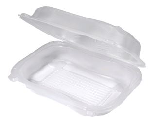 Polypropylene Hinged 3 Compartment Take-Out Container 8"x8"x3" CLX203-CL on white background