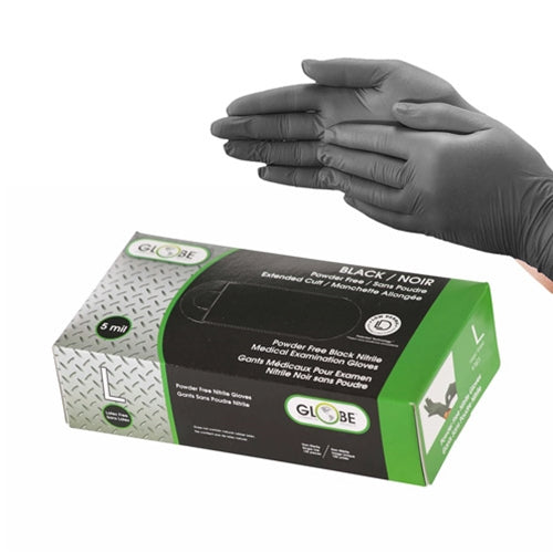 Globe Commercial Products 5 Mil Powder-free Nitrile Gloves, Black, Large (100/PK) - 7802 showing gloves and box
