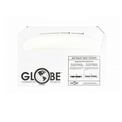 Box of Globe Commercial Products Biodegradable Toilet Seat Covers (2500/CS) - 4610 on white background