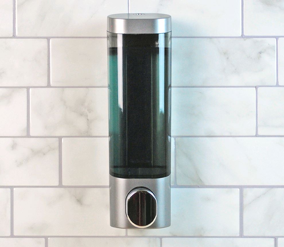 Villa Single Chamber Dispenser, Silver mounted on shower wall