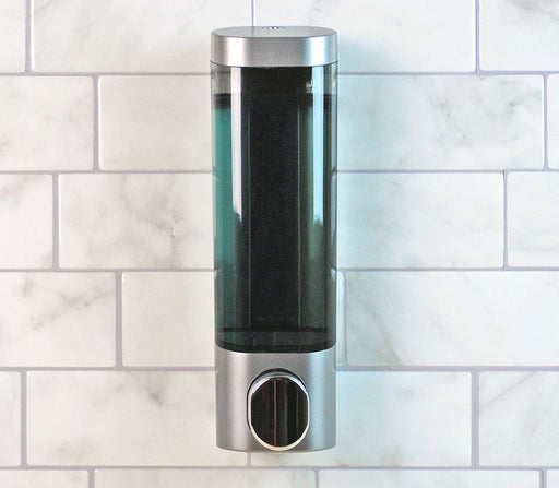 Villa Single Chamber Dispenser, Silver mounted on shower wall
