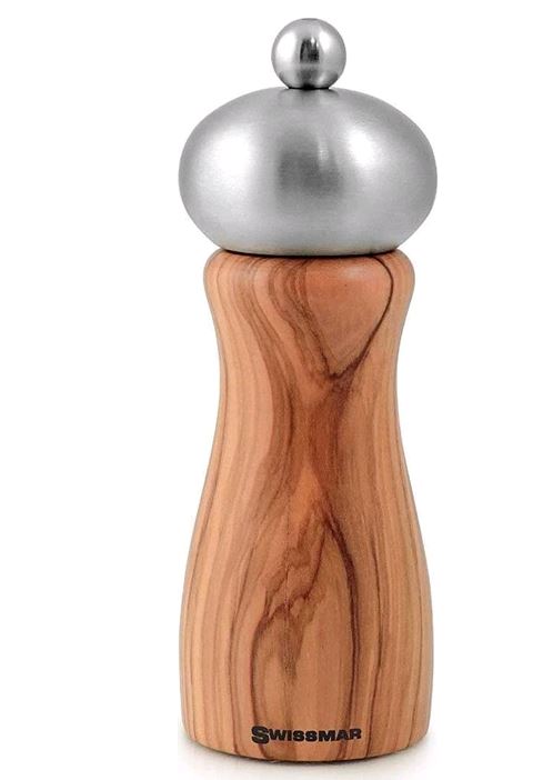 Olive wood with stainless top salt mill on white background