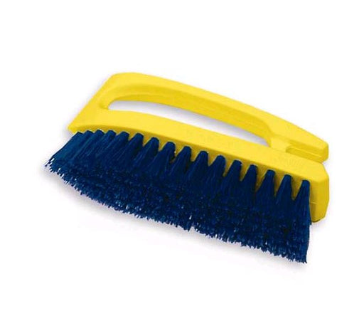 Rubbermaid 6" Scrub Brush; Yellow Handle, Cobalt-Blue Bristles on white background